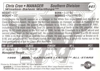 1998 Choice Carolina League All-Stars #41 Chris Cron Back