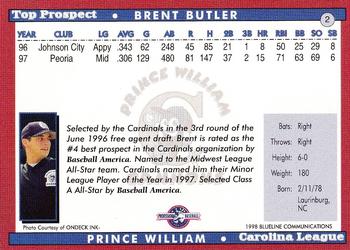 1998 Blueline Q-Cards Carolina League Top Prospects #2 Brent Butler Back