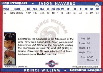 1998 Blueline Q-Cards Carolina League Top Prospects #4 Jason Navarro Back