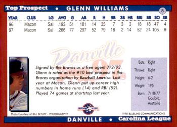 1998 Blueline Q-Cards Carolina League Top Prospects #8 Glenn Williams Back