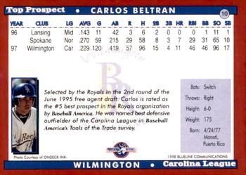 1998 Blueline Q-Cards Carolina League Top Prospects #10 Carlos Beltran Back