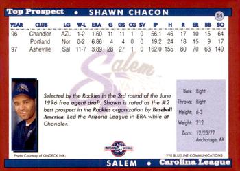1998 Blueline Q-Cards Carolina League Top Prospects #14 Shawn Chacon Back