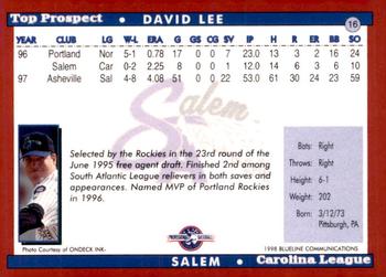 1998 Blueline Q-Cards Carolina League Top Prospects #16 David Lee Back