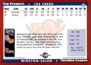 1998 Blueline Q-Cards Carolina League Top Prospects #17 Joe Crede Back