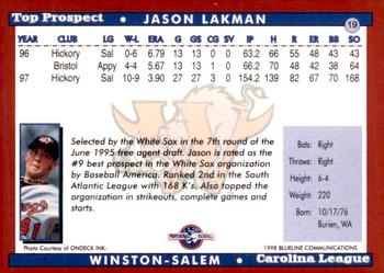1998 Blueline Q-Cards Carolina League Top Prospects #19 Jason Lakman Back