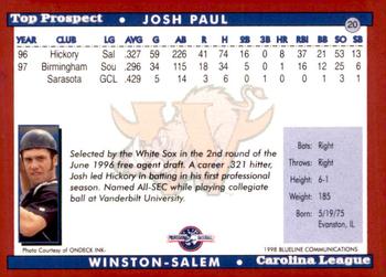 1998 Blueline Q-Cards Carolina League Top Prospects #20 Josh Paul Back