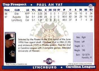 1998 Blueline Q-Cards Carolina League Top Prospects #21 Paul Ah Yat Back