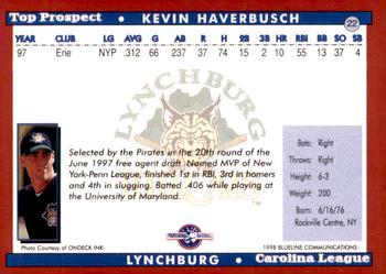 1998 Blueline Q-Cards Carolina League Top Prospects #22 Kevin Haverbusch Back