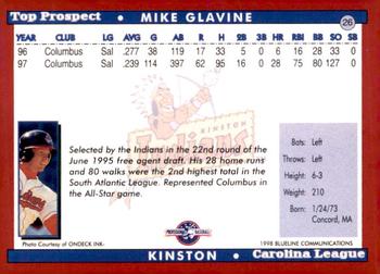 1998 Blueline Q-Cards Carolina League Top Prospects #26 Mike Glavine Back