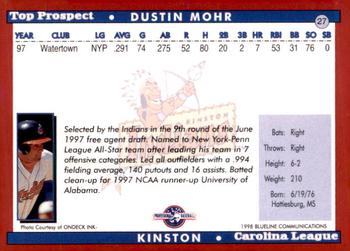 1998 Blueline Q-Cards Carolina League Top Prospects #27 Dustan Mohr Back