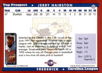 1998 Blueline Q-Cards Carolina League Top Prospects #31 Jerry Hairston Back