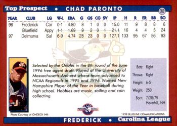 1998 Blueline Q-Cards Carolina League Top Prospects #32 Chad Paronto Back