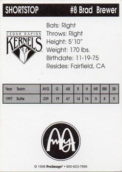 1998 Cedar Rapids Kernels #NNO Brad Brewer Back