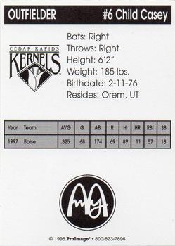 1998 Cedar Rapids Kernels #NNO Casey Child Back
