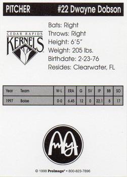 1998 Cedar Rapids Kernels #NNO Dwayne Dobson Back