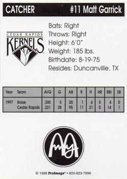 1998 Cedar Rapids Kernels #NNO Matt Garrick Back