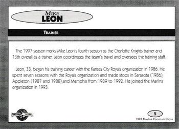1998 Blueline Q-Cards Charlotte Knights #5 Mike Leon Back