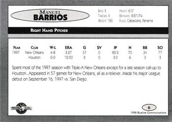 1998 Blueline Q-Cards Charlotte Knights #6 Manuel Barrios Back