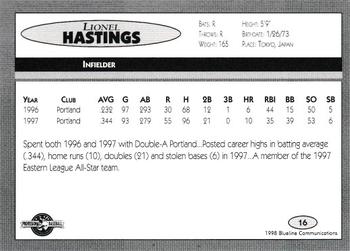 1998 Blueline Q-Cards Charlotte Knights #16 Lionel Hastings Back