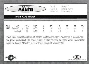 1998 Blueline Q-Cards Charlotte Knights #21 Matt Mantei Back