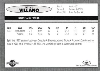 1998 Blueline Q-Cards Charlotte Knights #27 Mike Villano Back