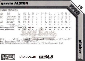 1998 Colorado Springs Sky Sox #NNO Garvin Alston Back