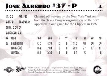 1998 Multi-Ad Columbus Clippers #4 Jose Alberro Back