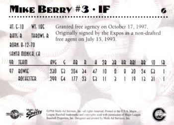 1998 Multi-Ad Columbus Clippers #6 Mike Berry Back