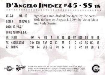 1998 Multi-Ad Columbus Clippers #18 D'Angelo Jimenez Back