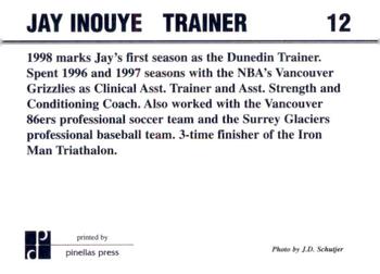 1998 Dunedin Blue Jays #12 Jay Inouye Back