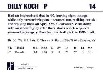 1998 Dunedin Blue Jays #14 Billy Koch Back