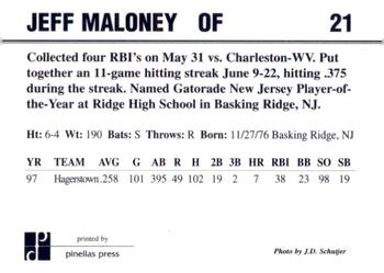 1998 Dunedin Blue Jays #21 Jeff Maloney Back