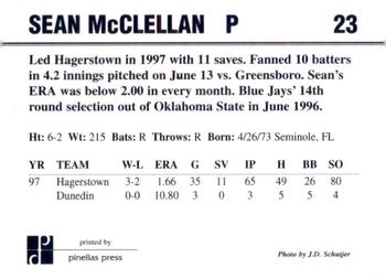1998 Dunedin Blue Jays #23 Sean McClellan Back