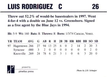 1998 Dunedin Blue Jays #26 Luis Rodriguez Back