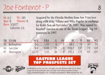 1998 Multi-Ad Eastern League Top Prospects #8 Joe Fontenot Back