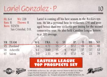 1998 Multi-Ad Eastern League Top Prospects #10 Lariel Gonzalez Back