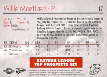1998 Multi-Ad Eastern League Top Prospects #17 Willie Martinez Back
