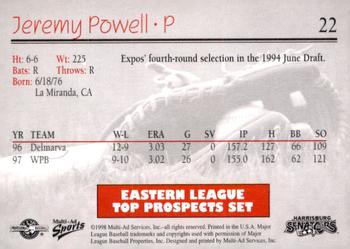 1998 Multi-Ad Eastern League Top Prospects #22 Jeremy Powell Back