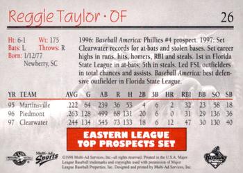 1998 Multi-Ad Eastern League Top Prospects #26 Reggie Taylor Back