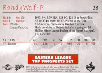 1998 Multi-Ad Eastern League Top Prospects #28 Randy Wolf Back
