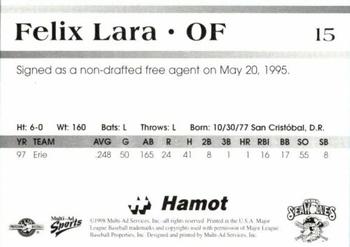 1998 Multi-Ad Erie SeaWolves #15 Felix Lara Back