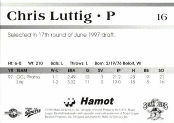 1998 Multi-Ad Erie SeaWolves #16 Chris Luttig Back