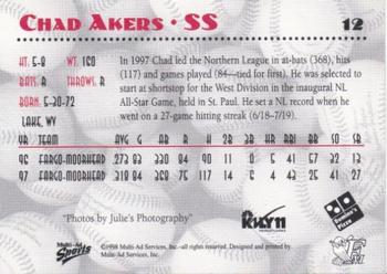 1998 Multi-Ad Fargo-Moorhead RedHawks #NNO Chad Akers Back