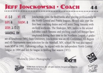 1998 Multi-Ad Fargo-Moorhead RedHawks #NNO Jeff Jonckowski Back