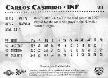 1998 Multi-Ad Frederick Keys #21 Carlos Casimiro Back