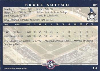 1998 Blueline Q-Cards Fort Wayne Wizards #13 Bruce Sutton Back