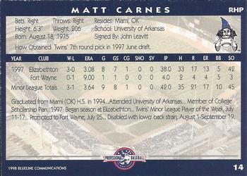 1998 Blueline Q-Cards Fort Wayne Wizards #14 Matt Carnes Back