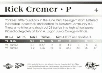 1998 Multi-Ad Greensboro Bats #4 Rick Cremer Back
