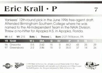 1998 Multi-Ad Greensboro Bats #7 Eric Krall Back