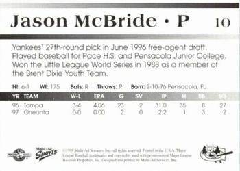 1998 Multi-Ad Greensboro Bats #10 Jason McBride Back